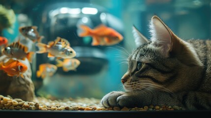 A cat lying in front of a fish tank, watching the fish swim aimlessly. The cat's still posture reflects its boredom and solitude.