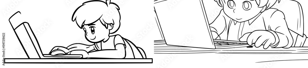 Aufkleber line art illustration of a man working on a laptop computer in continuous one-line mode
