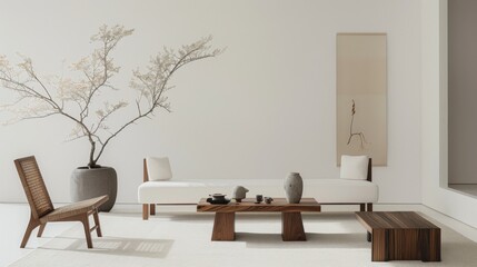 A refined lounge setup against a white canvas backdrop, Meticulously arranged minimalist furniture, Zen garden-inspired design