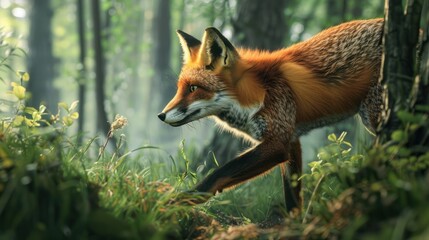 Fototapeta premium Red Fox Walking Through Lush Green Forest