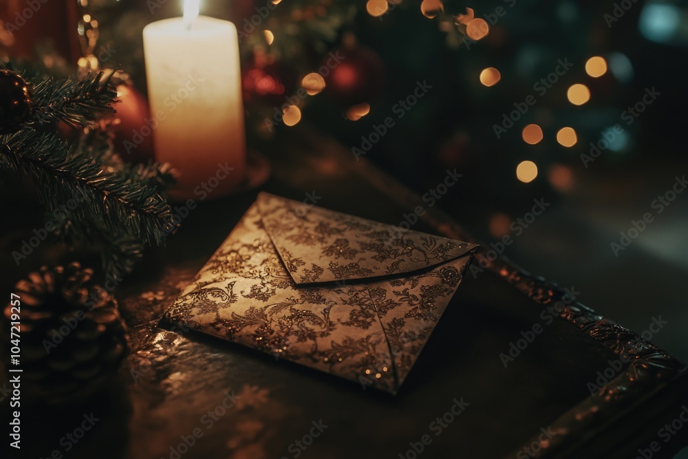 Aufkleber an envelope sits next to a lit candle on a table, ready for use
