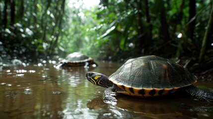 Fototapeta premium A turtle sits atop a riverbank, surrounded by lush foliage from the adjacent forest