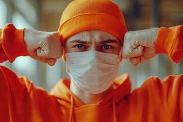 A person wearing an orange hoodie and a mask is shown