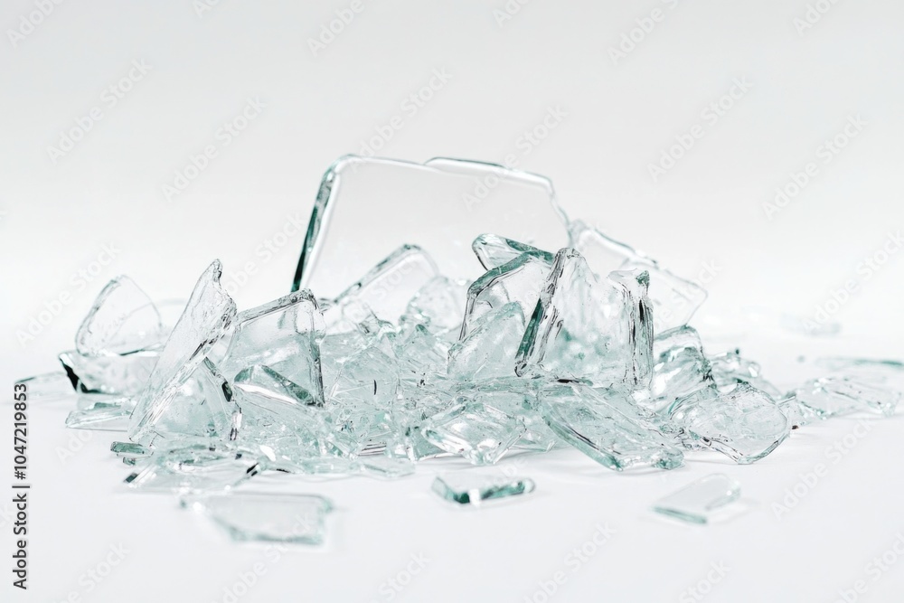 Poster A pile of broken glass pieces siting on a table, useful for depicting messy scenes or highlighting the importance of careful handling