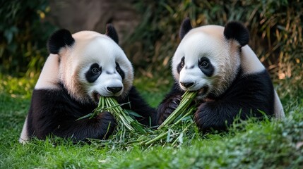 Obraz premium Pandas Enjoying Bamboo at the Zoo
