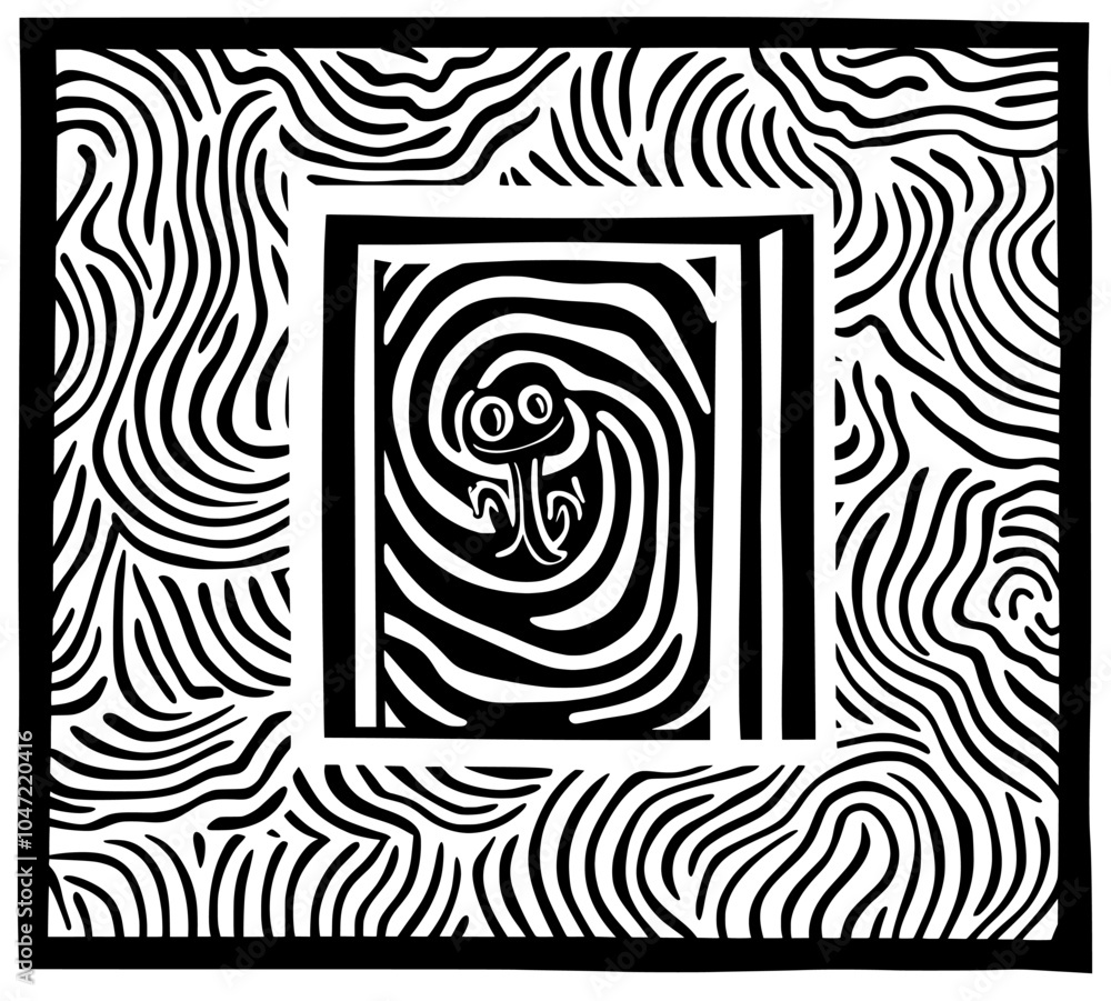 Poster a black and white collection of two-dimensional cartoon objects with images of snakes and gaps isola