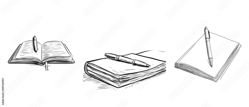 Poster drawing of a notebook with a pen above a desk. modern notepad and pencil in one line.