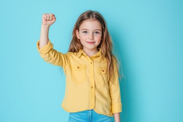 A young girl holding up her hand with determination and confidence, often used as an icon for empowerment or protest