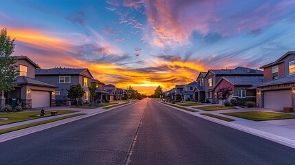 A classic dead-end street of luxury homes bathed in warm, colorful sunset hues of tranquility