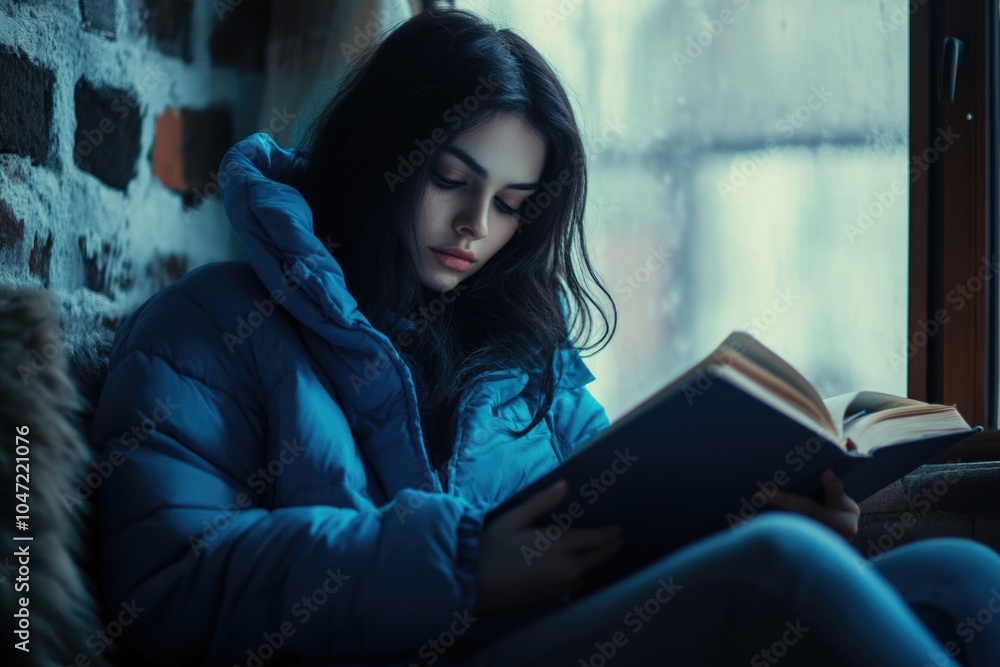 Poster a person sits on a window sill reading a book