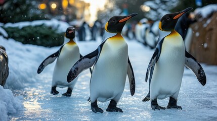 Obraz premium Penguins Waddle on Ice in a Zoo Setting