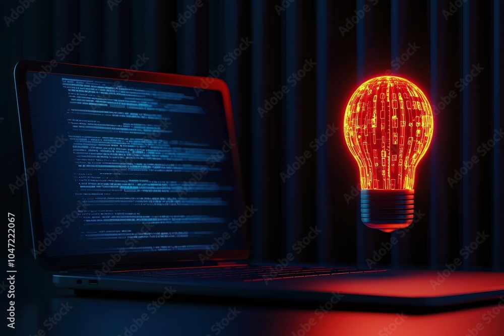 Poster a glowing red light bulb above a laptop displaying code, emphasizing innovation and creativity in te