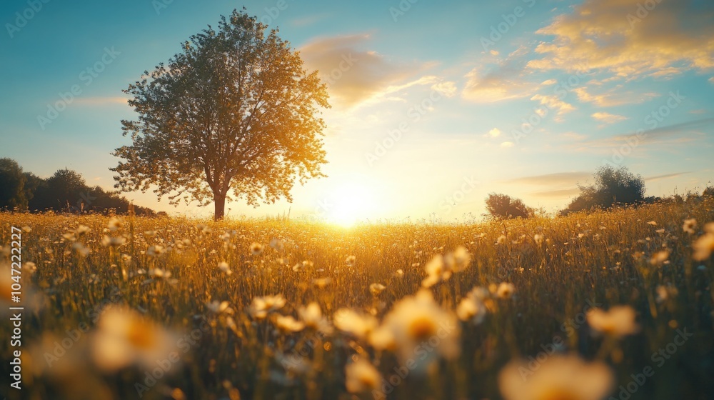Poster a lush field of colorful flowers with a tree standing tall in the background