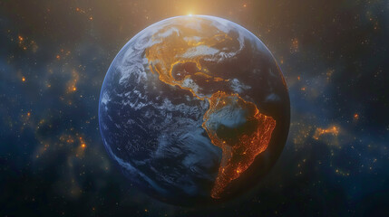 Obraz premium 宇宙から見た地球の大陸で鵜tくしく彩る夜の光