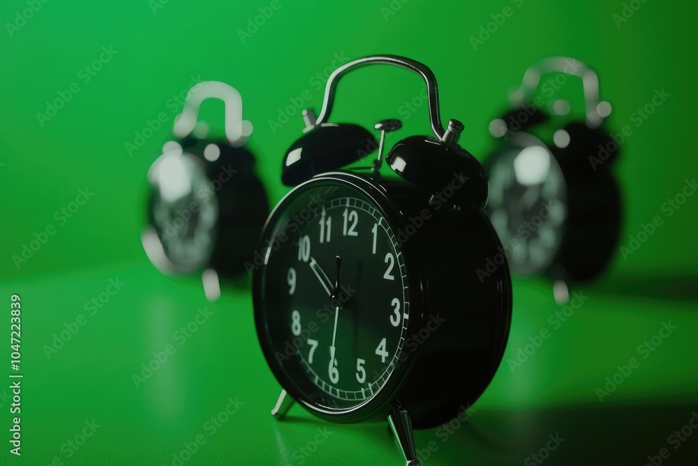 Poster a group of black alarm clocks sitting on a table, perfect for use in still life photography or as a 