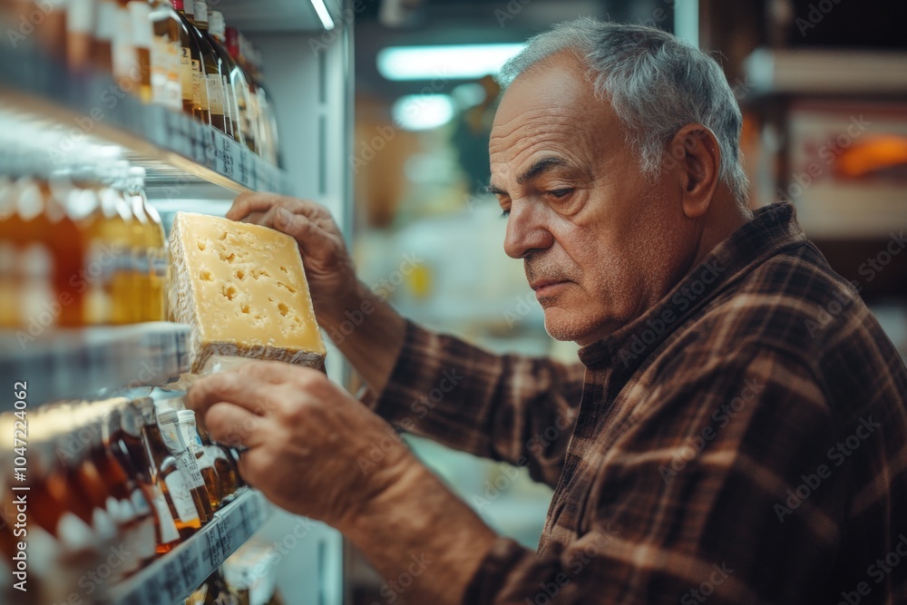 Aufkleber a person inspecting different types of cheese on display in a retail setting
