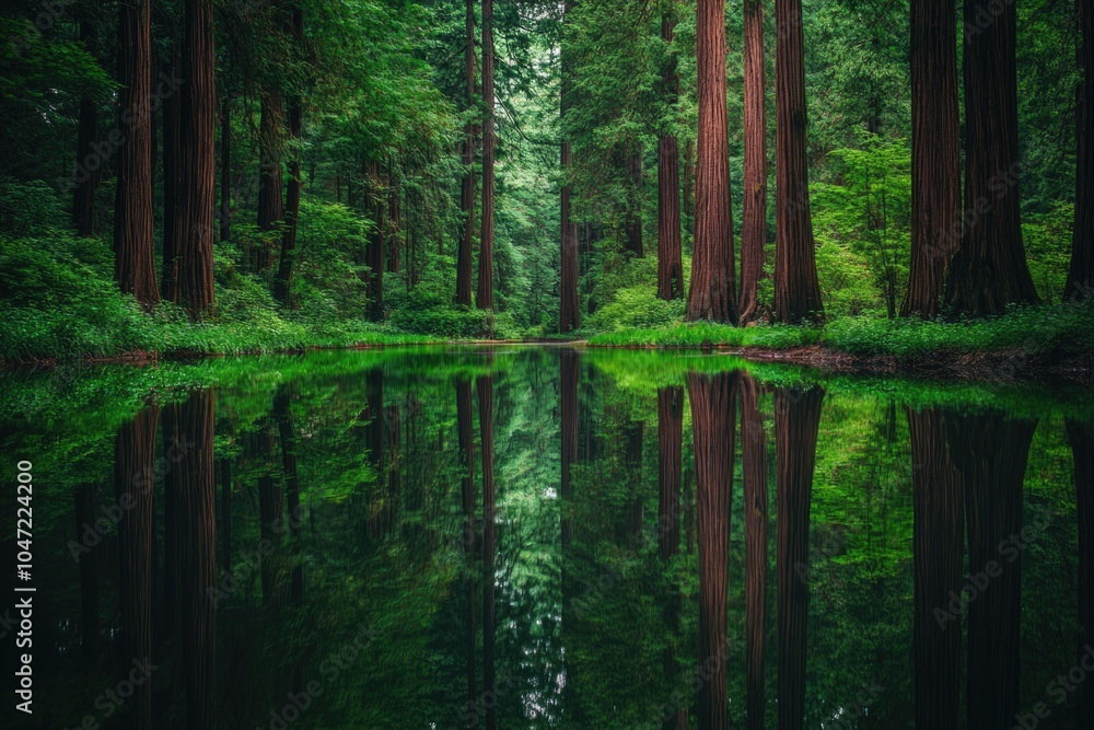 Poster a scenic view of a forest with many trees surrounded by a body of water