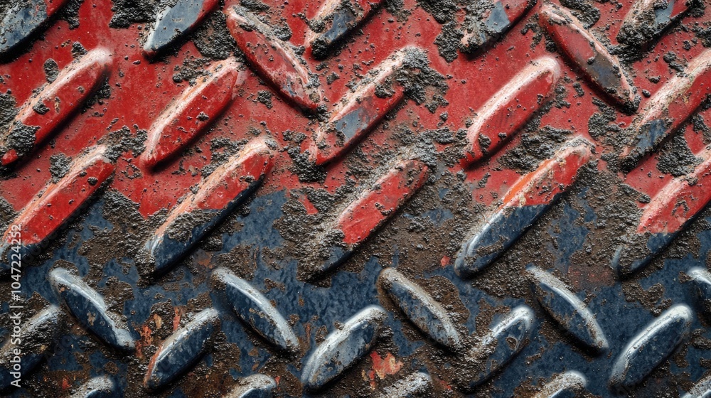 Poster a close-up shot of a red and blue diamond-plate surface, ideal for use in industrial or technical co