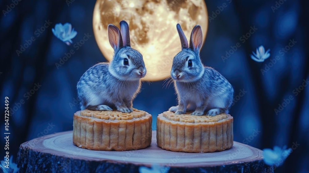 Aufkleber two rabbits perched on a fallen tree trunk, surrounded by foliage