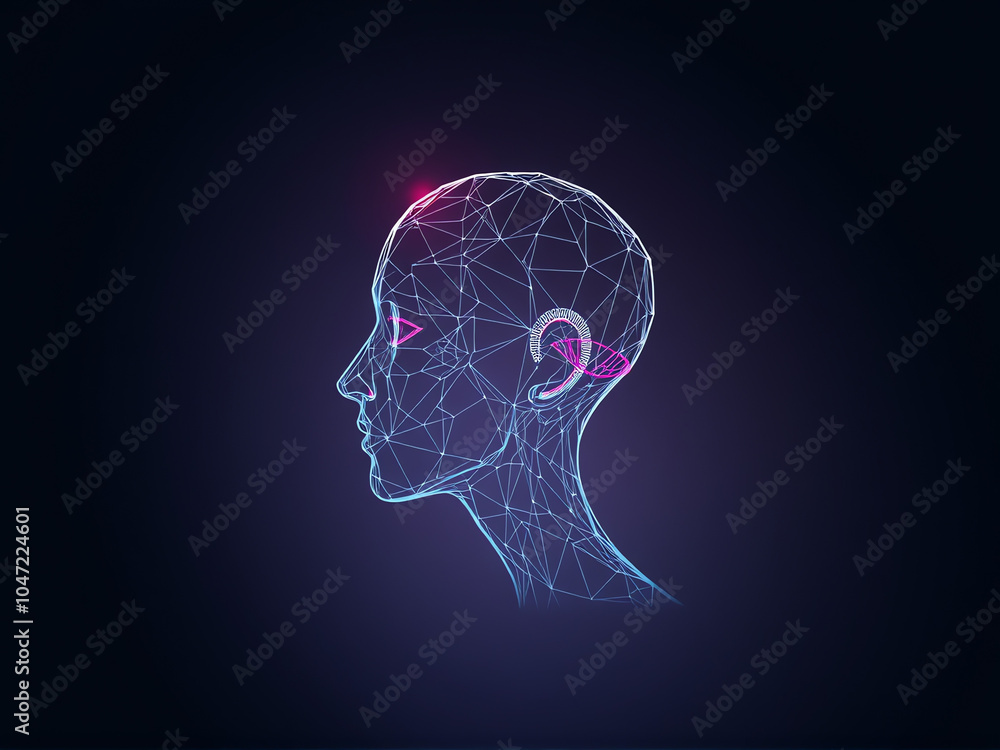 Poster abstract representation of a human head in wireframe style highlighting neural connections against a