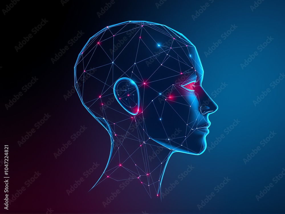 Poster digital human head silhouette composed of glowing lines and dots against a dark background illustrat