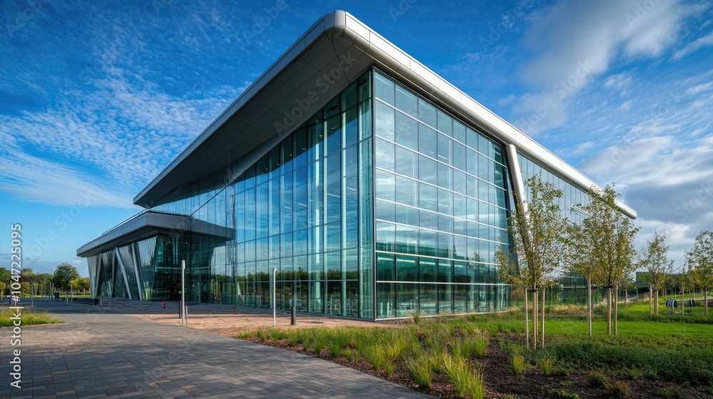 Poster a large glass building sits atop a lush green field, perfect for use in architectural or nature-base