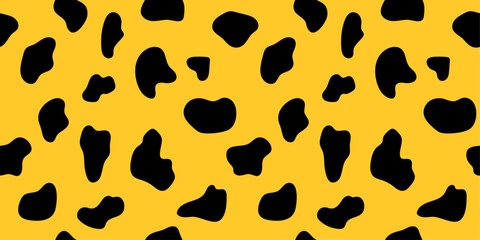 Seamless pattern with black spots on yellow background. Modern animal print. Leopard, jaguar design texture backdrop for textile, wrapping paper, fabric, cover, wallpaper. Vector © Darina