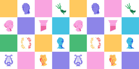 Greek aesthetic seamless pattern. Checkered background with ancient statues, antique characters 2000s. Trendy y2k cover, backdrop, textile, wrapping paper, fabric, cover, wallpaper, print. Vector