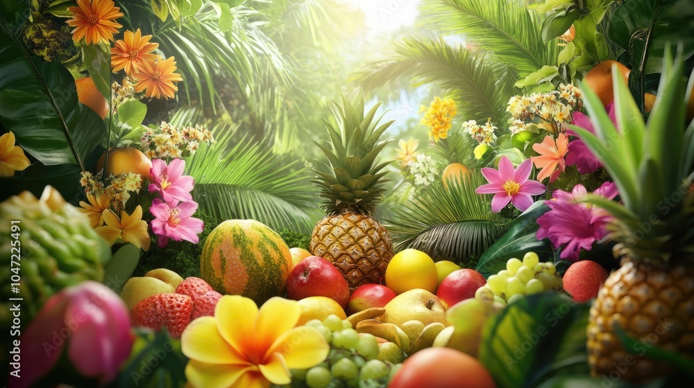 Poster a colorful mix of fruits and flowers on a table or counter