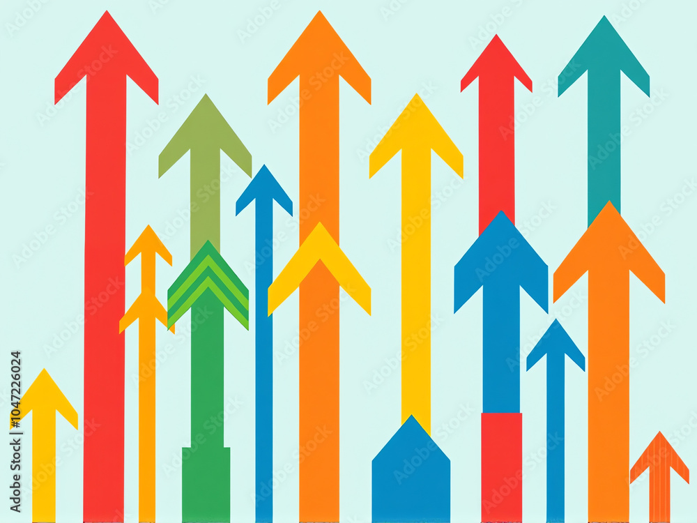 Poster colorful abstract arrows pointing upward, symbolizing growth and progress in a modern design setting