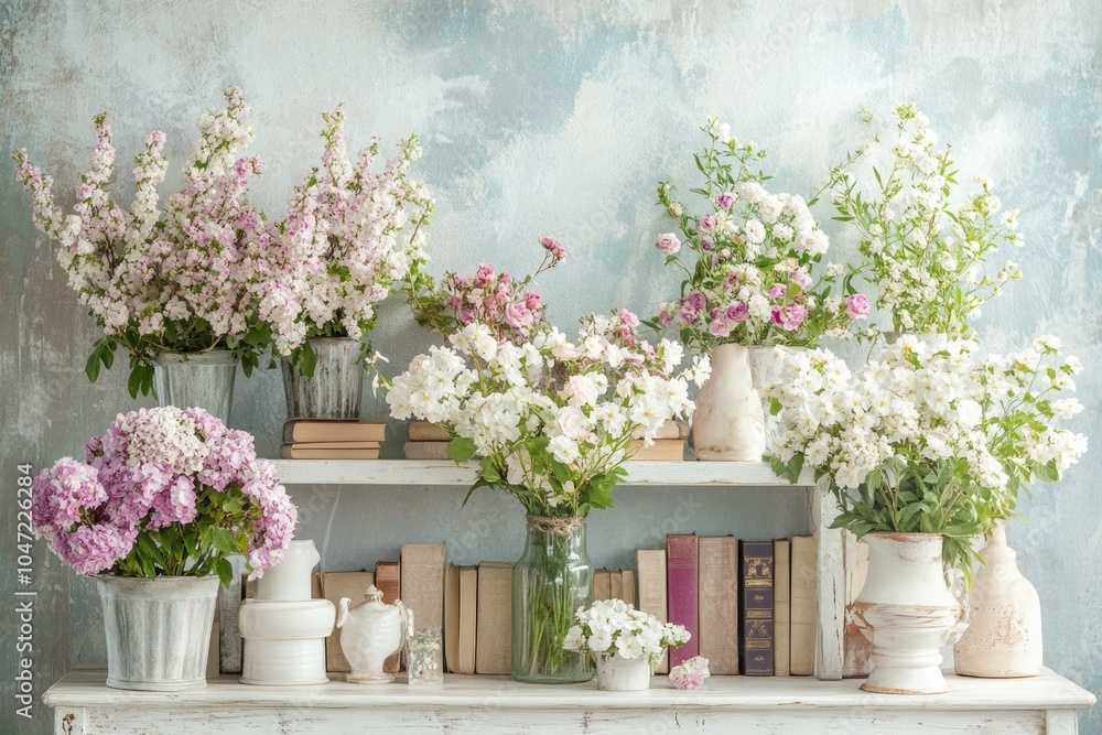 Poster A collection of vases filled with flowers displayed on a shelf