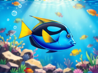 Colorful cartoon fish swimming in a vibrant underwater scene filled with coral and other marine life in bright blue water