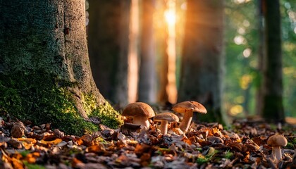 Obraz premium un bosque con arboles grandes y boletus en el suelo