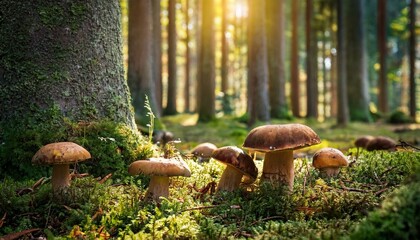 un bosque con arboles grandes y boletus en el suelo