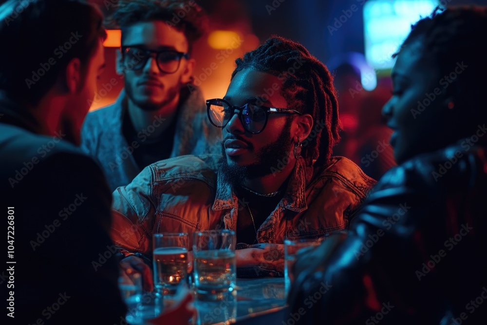 Poster a group of friends or colleagues gathered around a table in a bar, possibly discussing business or h