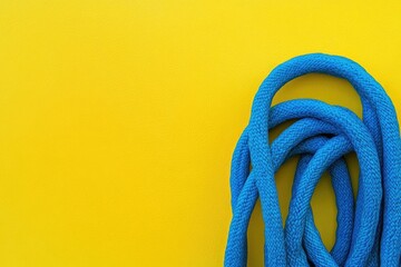 A blue rope lies flat on a bright yellow surface, awaiting use or inspection