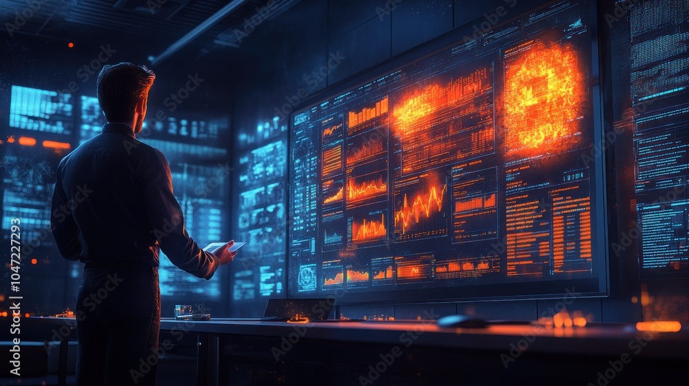 Poster a person analyzes data on a futuristic digital interface in a tech environment.