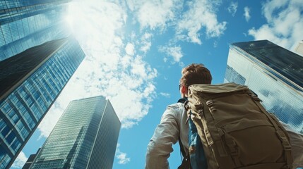 A person standing outdoors, gazing up at towering city buildings, possibly lost or contemplating