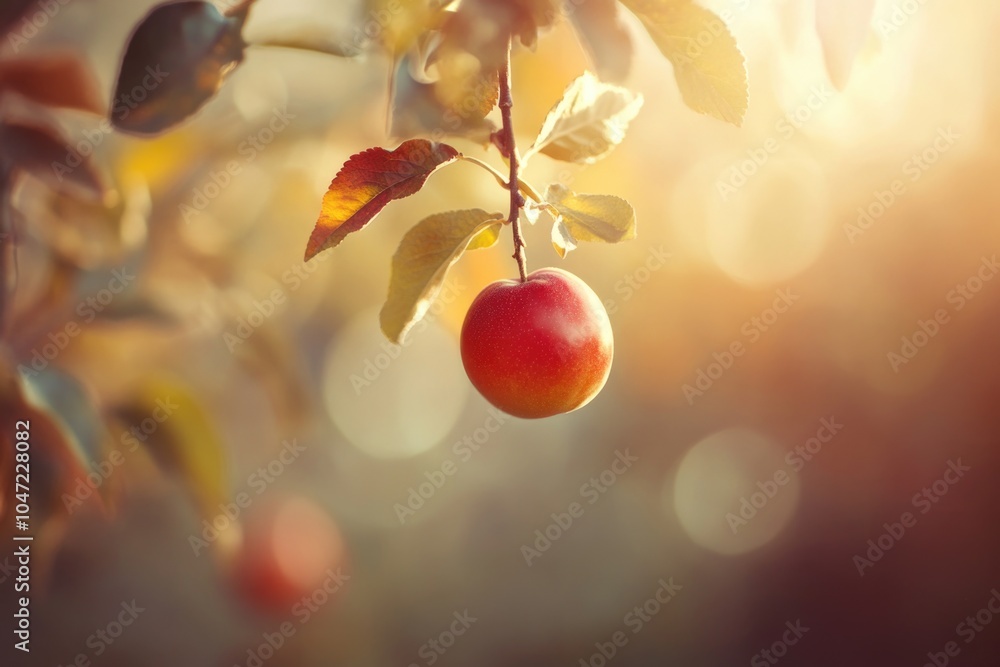 Poster A single red apple hangs from a tree branch in nature