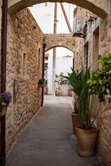 Obraz premium Narrow Greek streets in Hersonissos, Crete, Greece, lined with charming whitewashed buildings, colorful flowers, and vibrant local shops, exuding charm.