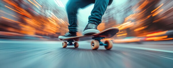 Skateboarder in slow motion, midollie, board twisting underfoot, urban landscape blurred in the background, capturing the energy of the trick