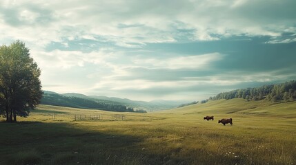 Obraz premium A stunning panoramic view of a peaceful rural landscape with cows grazing