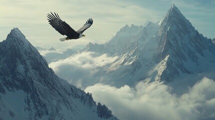 Fototapeta premium A stunning view of a bald eagle flying above a mountain range, with clouds swirling below