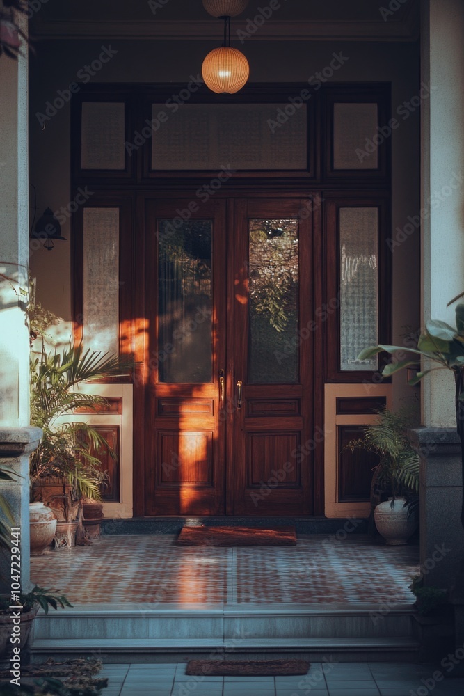 Poster a front door with a lamp above it