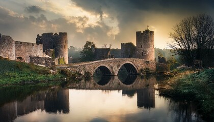 Castillo medieval en ruinas en un dia nublado, junto a un rio y un puente
