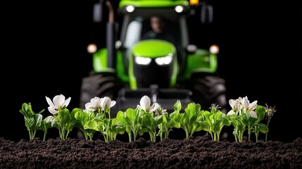 Green Tractor and Blooming Flowers in Field   Agricultural Growth Concept
