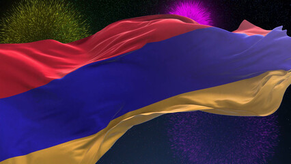 Armenia flag - Waving flag on celebrating fireworks for national holiday day. Ceremony for patriotic celebration of nation 