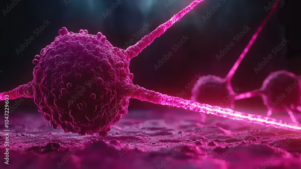Poster abstract representation of cells with bright pink highlights, showcasing intricate cellular structur