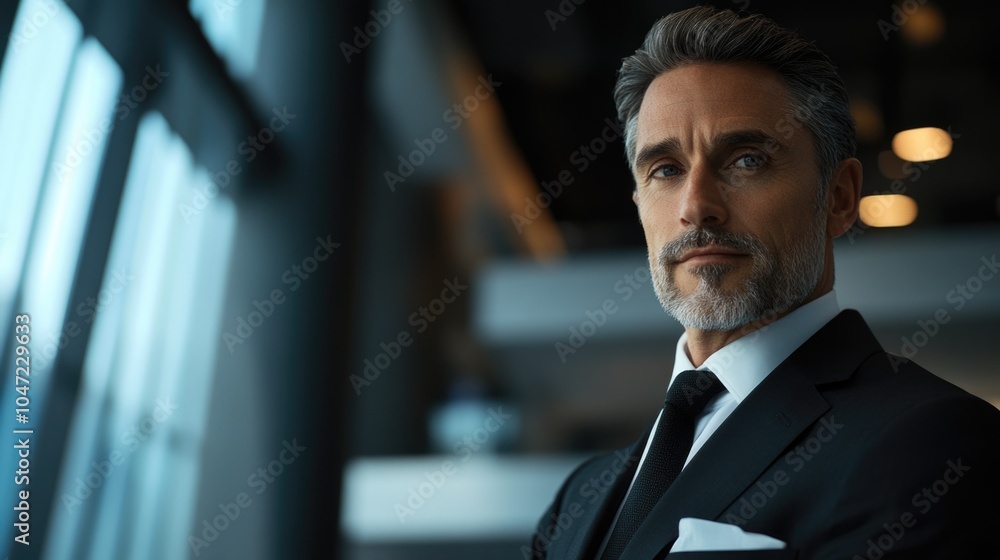 Poster a businessman stands in front of a window, looking out into the distance