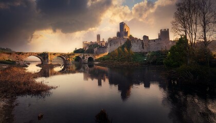 Castillo medieval en ruinas en un dia nublado, junto a un rio y un puente